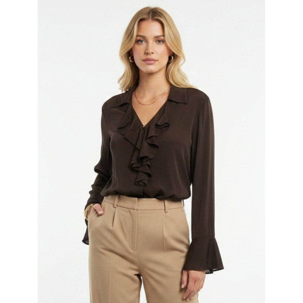 Ralph Lauren 100% Silk Brown Button Front Ruffle Neck Long Sleeve Blouse Top 8